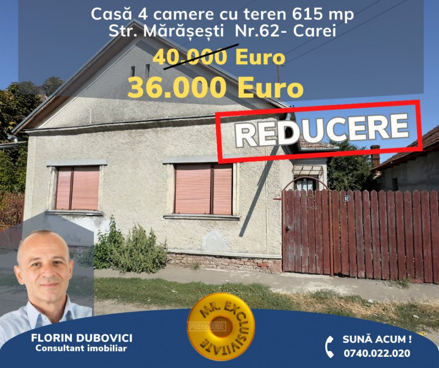 De vânzare Casă 4 camere cu Teren 615 mp - Str. Mărășești Nr.62 – Carei