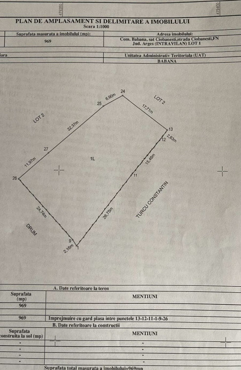 Teren 969 mp intravilan Babana, jus. Arges. Comision 0%