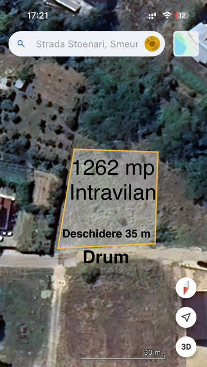 Teren 1262 m2 intravilan Smeura Stoenari 