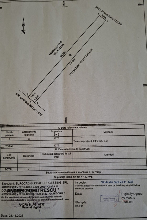 Vanzare Teren intravilan Stefanesti - Primarie str. Campului