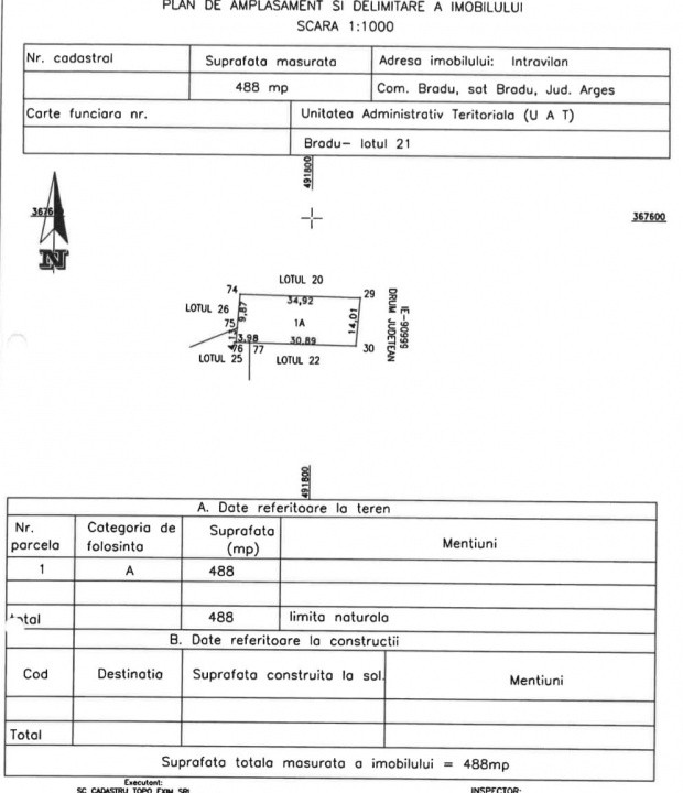 Teren 488 mp Bradu, deschidere la DJ - 3 Km de Pitesti